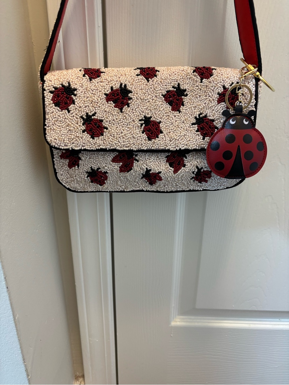 Beaded Ladybug Shoulder Bag - White and Red